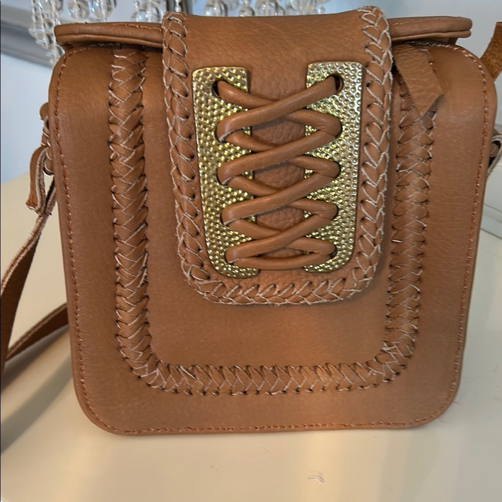 Cleobella Tan and Gold Mini Bag with Corset Lacing